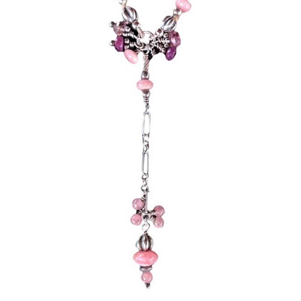 Delicate Ruby, Rose Quartz, and Pink Tourmaline with .925 beads Lariat Necklace